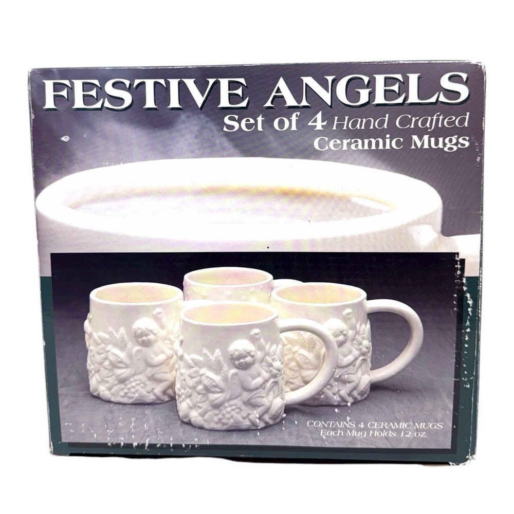Festive Angels Handcrafted Charming White Embossed Mugs Set/4 in Box EUC